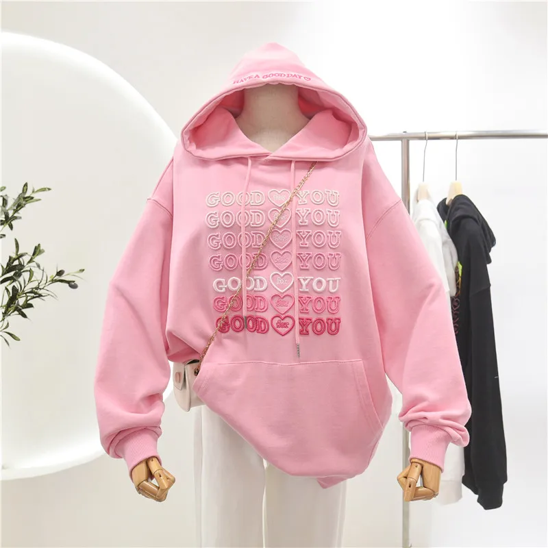 

2023 Women's Spring Autumn Thin Hoodies Korean Style Letter Embroidery Loose Hooded Sweatshirts Casual Oversized Pullovers