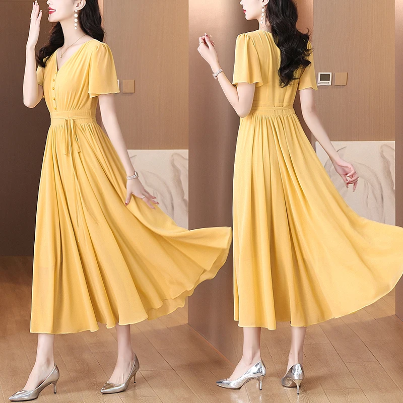 Women Beach Solid Chiffon Maxi Dress Summer Boho Fashion Elegant Chiffon Vintage Midi Vestidos 2025 Luxury Dance Party Dresses
