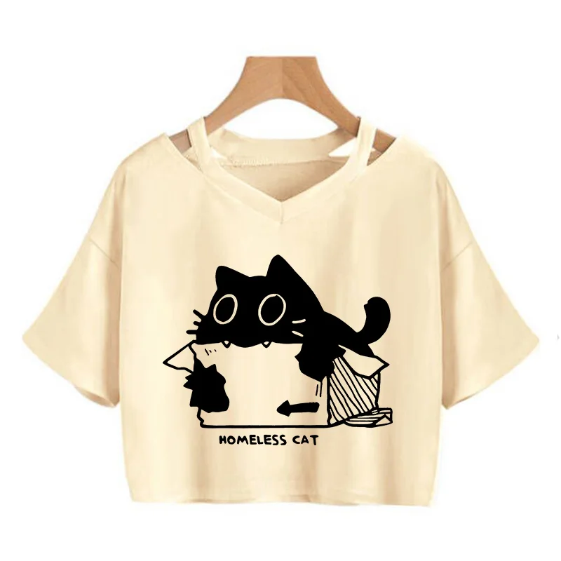 Women's Graphic Y2k Tshirt Fashion Street Style Cropped T Shirt 90s Clothing Kawaii Homeless Cat Print Sexy Crop Tops for Woman