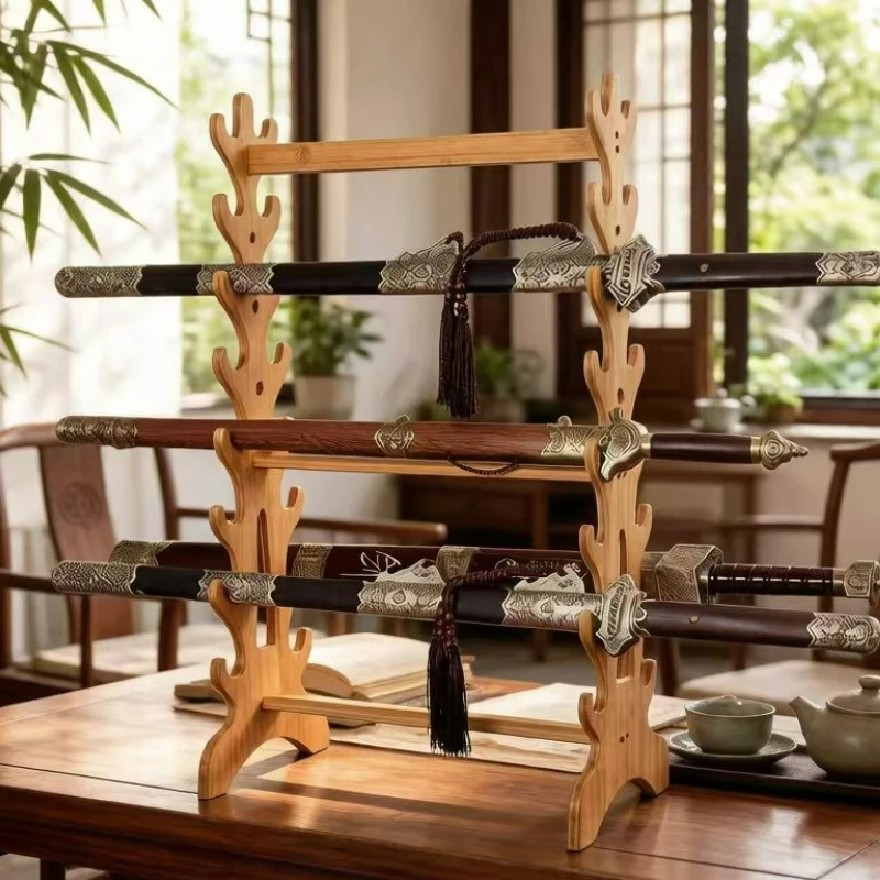 

Многофункциональная напольная подставка-витрина из массива дерева и бамбука для мечей, флейт и удочек, двусторонняя, для кабинета