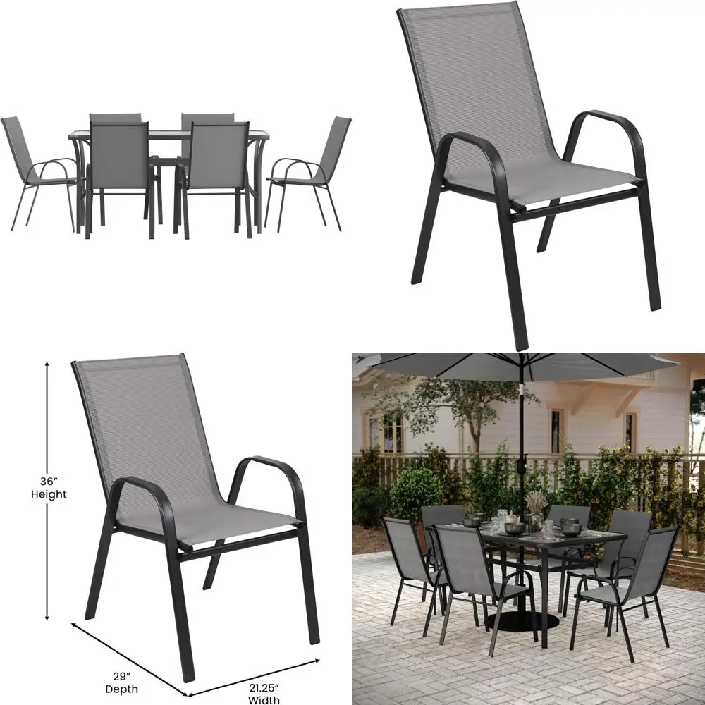 

Коммерческий обеденный набор Brazos для улицы, стол для патио из закаленного стекла 60 дюймов с отверстием для зонта, 6 складных стульев с сиденьями Lex Comort