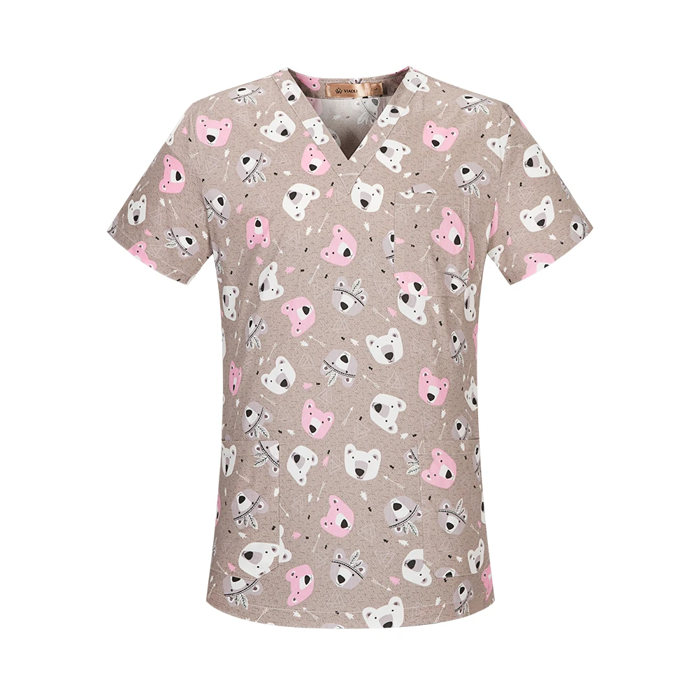 Tops de algodón con estampado de dibujos animados para médicos, uniforme Unisex para adultos, mangas cortas, Tops de enfermería