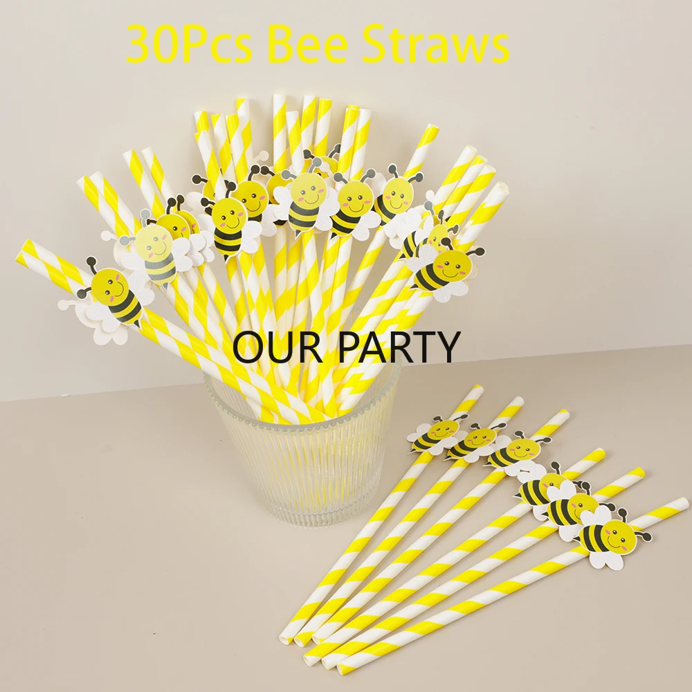 30Pcs Cartoon Biene Thema Papier Strohhalme Bar Trinkhalm Einweg Geschirr für Kinder Geburtstag Baby Dusche Hochzeit Party Decor – Detail 3