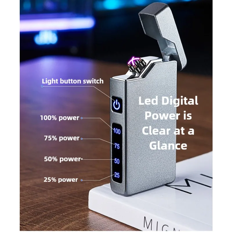 Double Arc Lighter with LED Power Display Windproof Metal Body Type-C Charging Custom Engrave for Outdoor Survival