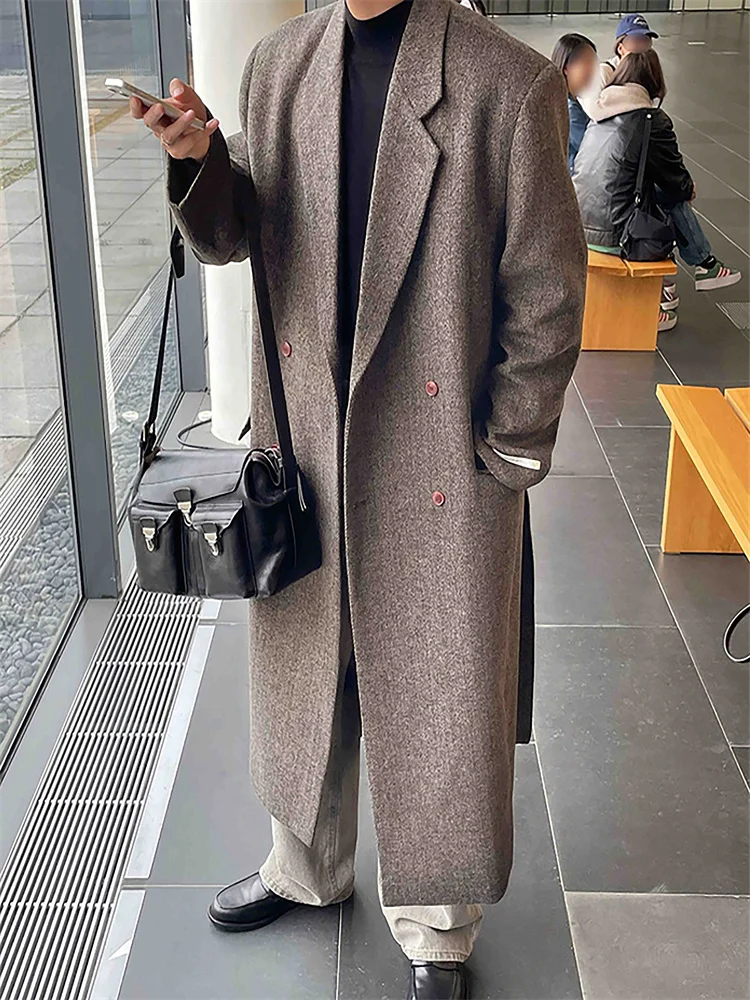 Korean Style Long Dropped Shoulder Man Suit Jackets Herringbone Double-Breasted Luxury Men's Blazer Double Slits Winter Coat New