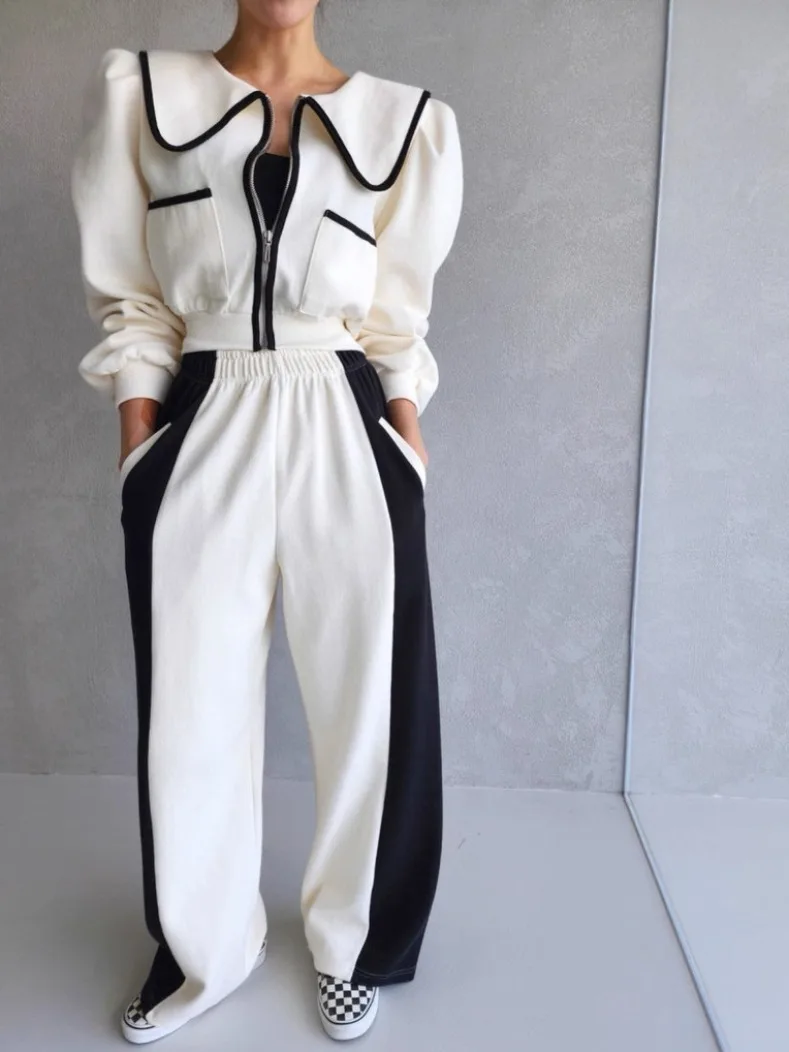 Faionable Double ket ort Felpa Jaet Set di pantaloni casual a gamba dritta invernale da donna a vita alta