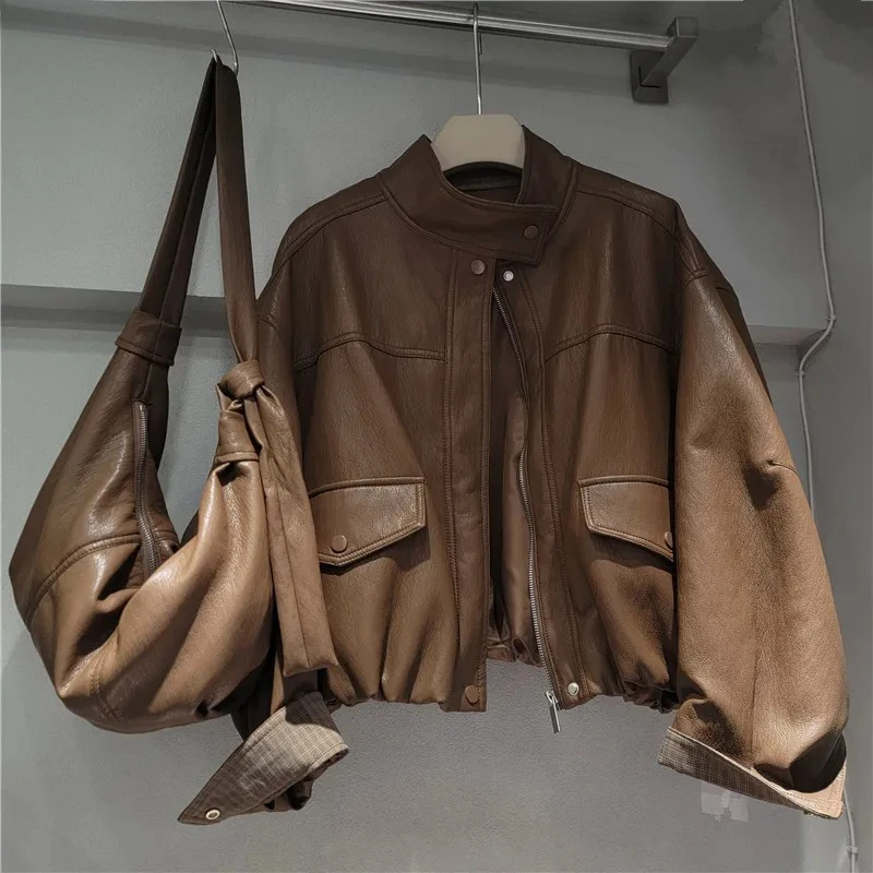 

Camel Brown Leather Jacket & Bag Set - Oversized Bomber Coat with Pocket Design, Casual Matching Outfit for Daily Streetwear