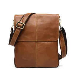 Bolso de cuero genuino con solapa para hombre, bandolera pequeña informal de cuero de vaca, 8613