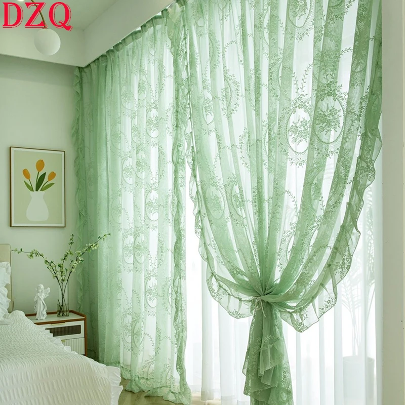 Idyllic Korea Romantic White/Green Window Tulle Door Curtains Princess French Lace Gauze Ruffled Door Curtains for Kitchen#A121
