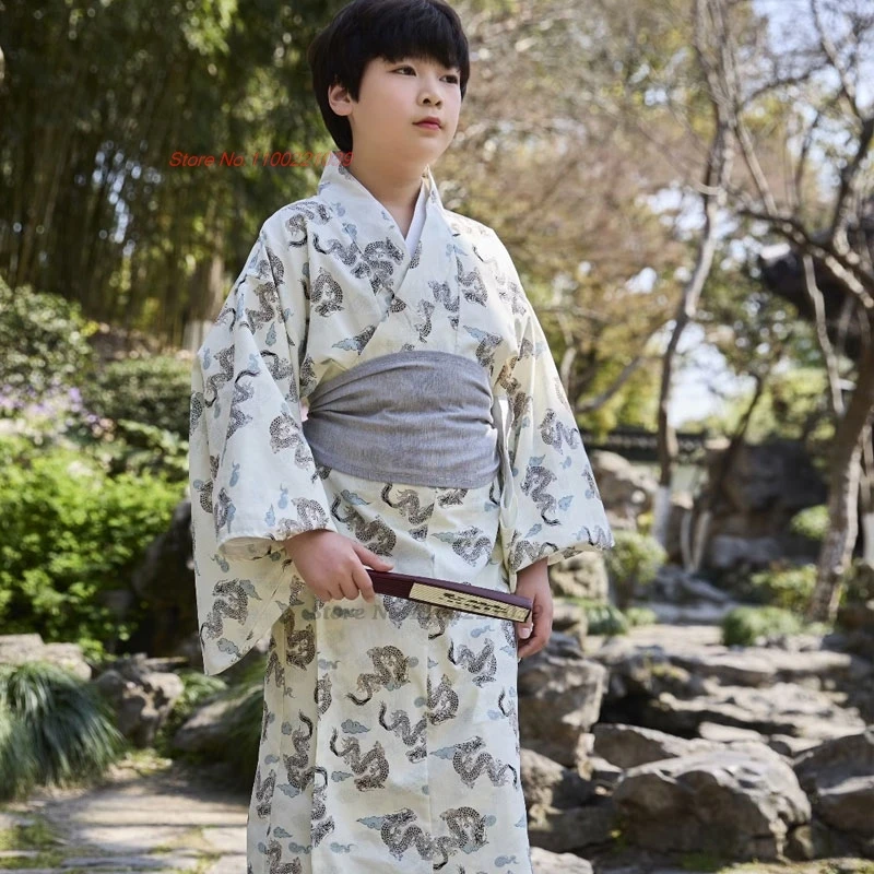 2025 japanese traditional yukata kimono children japanese robe geisha dragon print kimono belt+belt set festival cosplay costume