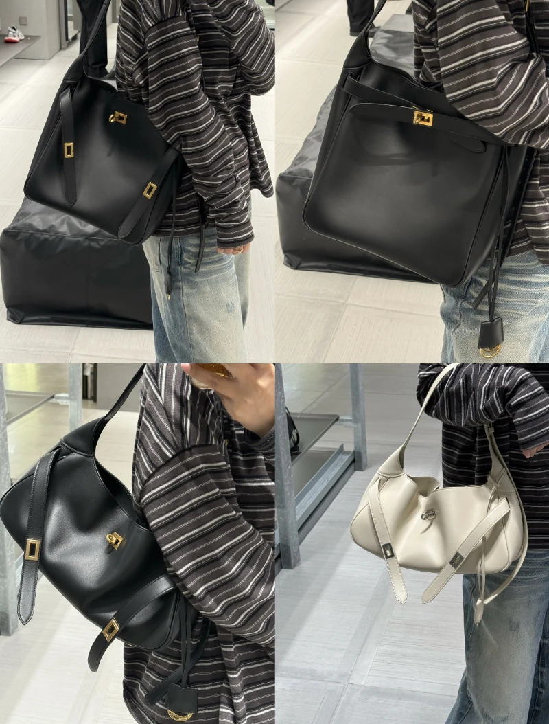 Cowhide Belt Buckle Tote Bag for Women with Padlock Detail