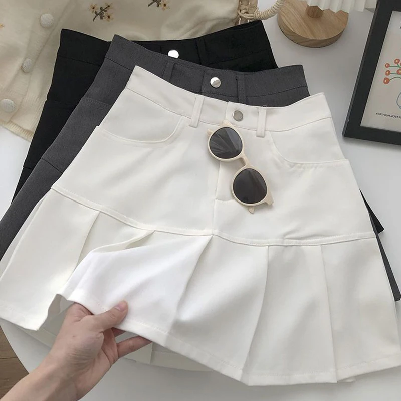 College Style High Waist Pleated Skirt Women Korean Streetwear Slim A-Line Skirts Woman Solid Uniforms Safety Pants Mini Skirts