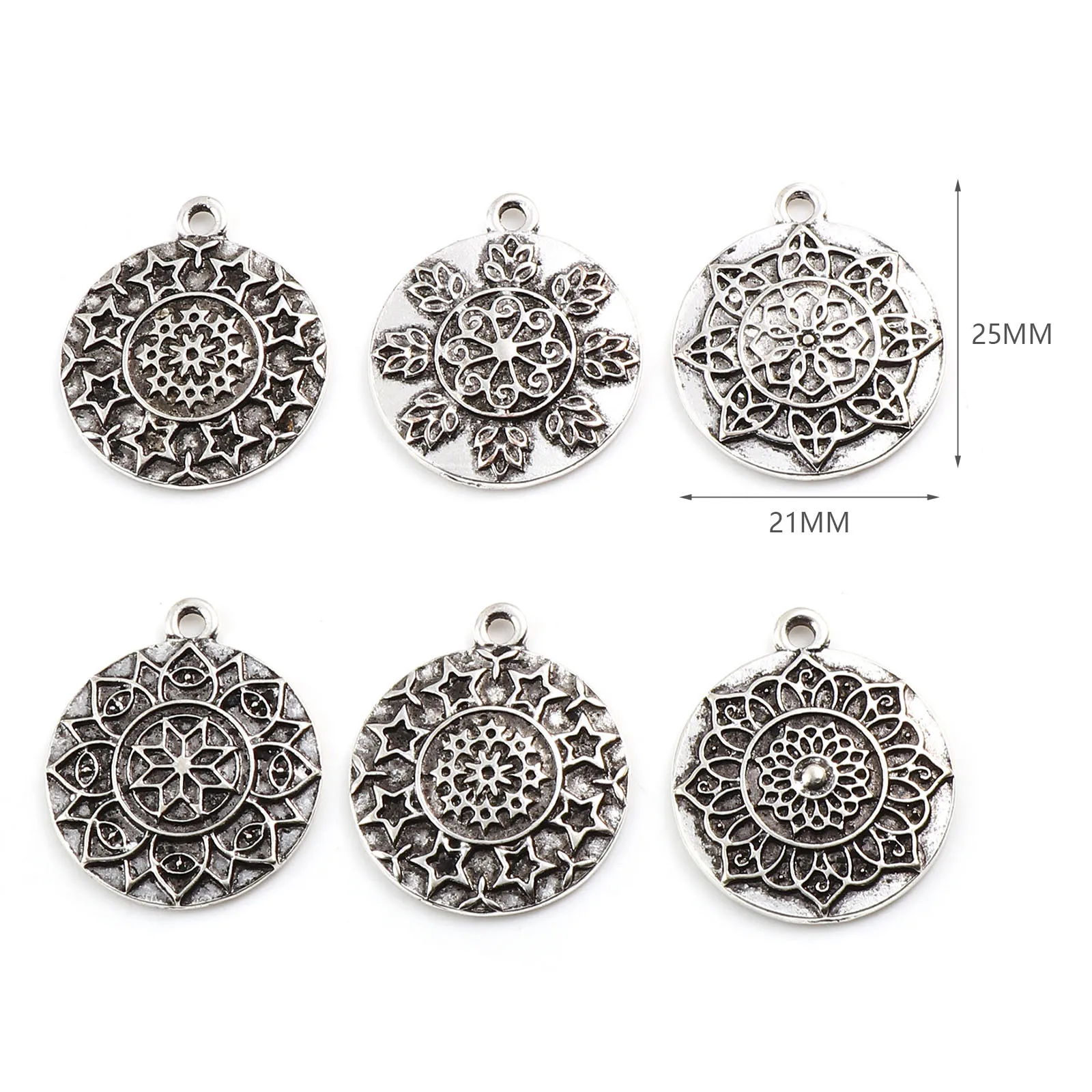 Vintage Metal Charms Round Antique Silver Color Flower Hollow Pendants DIY Making Necklace Bracelets Women Jewelry Gifts,10PCs