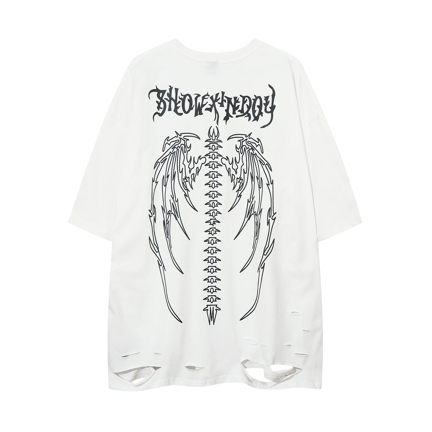 Hip Hop Gothic Alphabet Skeleton Print T Shirt Tee Oversized Mens Streetwear Vintage Washed Distressed Ripped Man T Shirt Casual