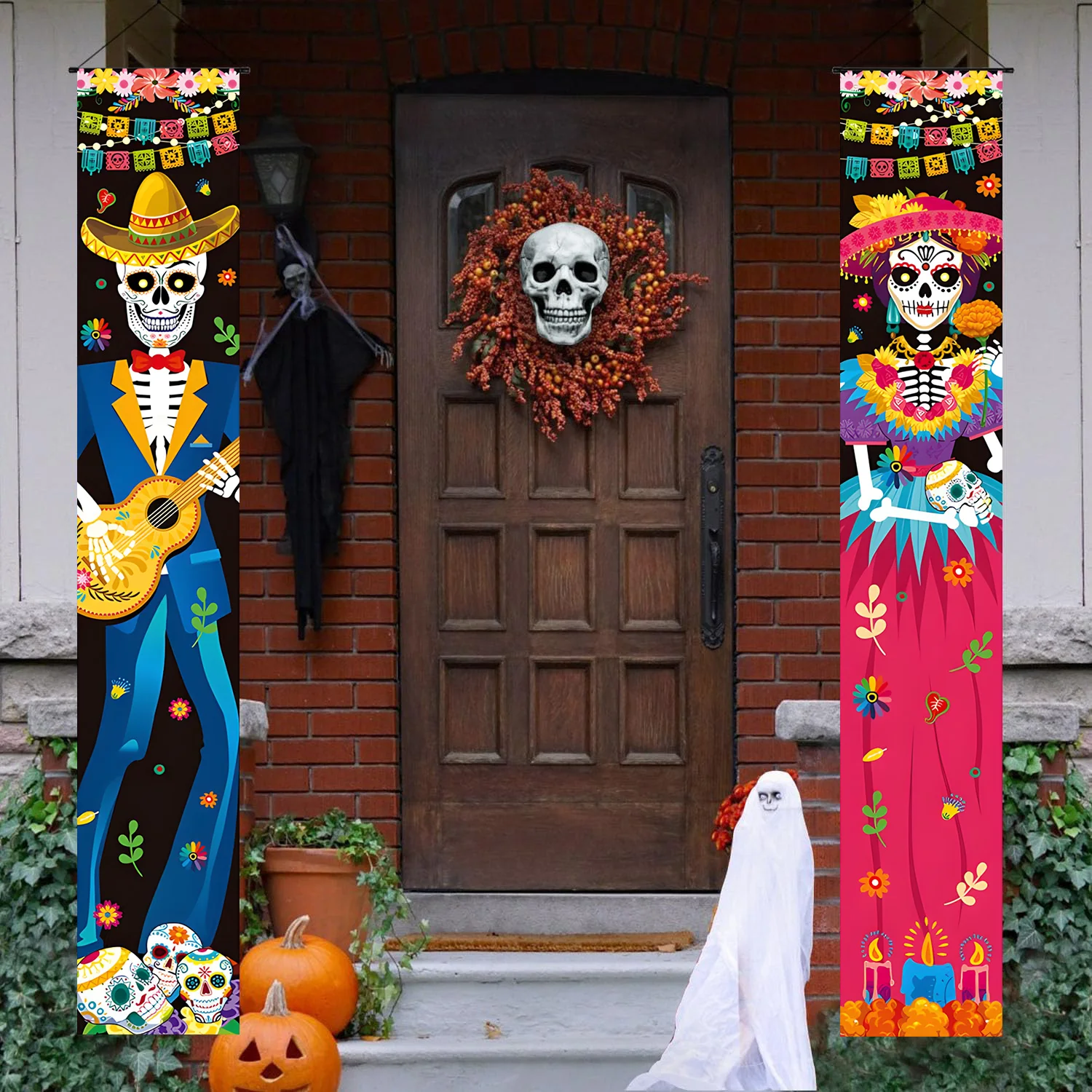 

Day of The Dead Decoration Halloween Banner Porch Sign DIY Mexican Party Decorations Skull Welcome Hanging Door Banner