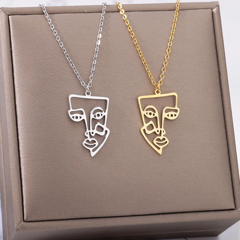 Stainless Steel Human Face Necklaces For Women Men Gold Color Pendant Necklace Male Female Neck Chain Jewelry Collier