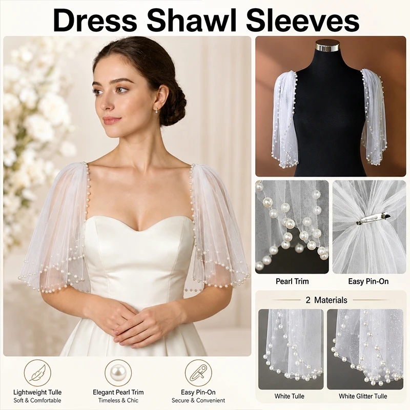 

Elegant Pearl Tulle Shoulder Cape Fake Sleeves Bridal Wedding Evening Prom Party Dress Decoration Arm Covering Shawl Wrap