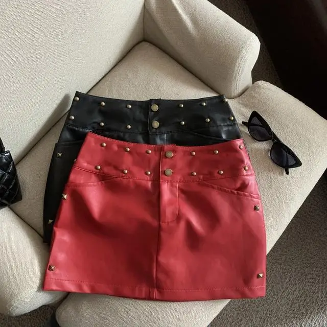 

Spice Girl Sexy High Waist Rivet A Word PU Leather Skirt for Women