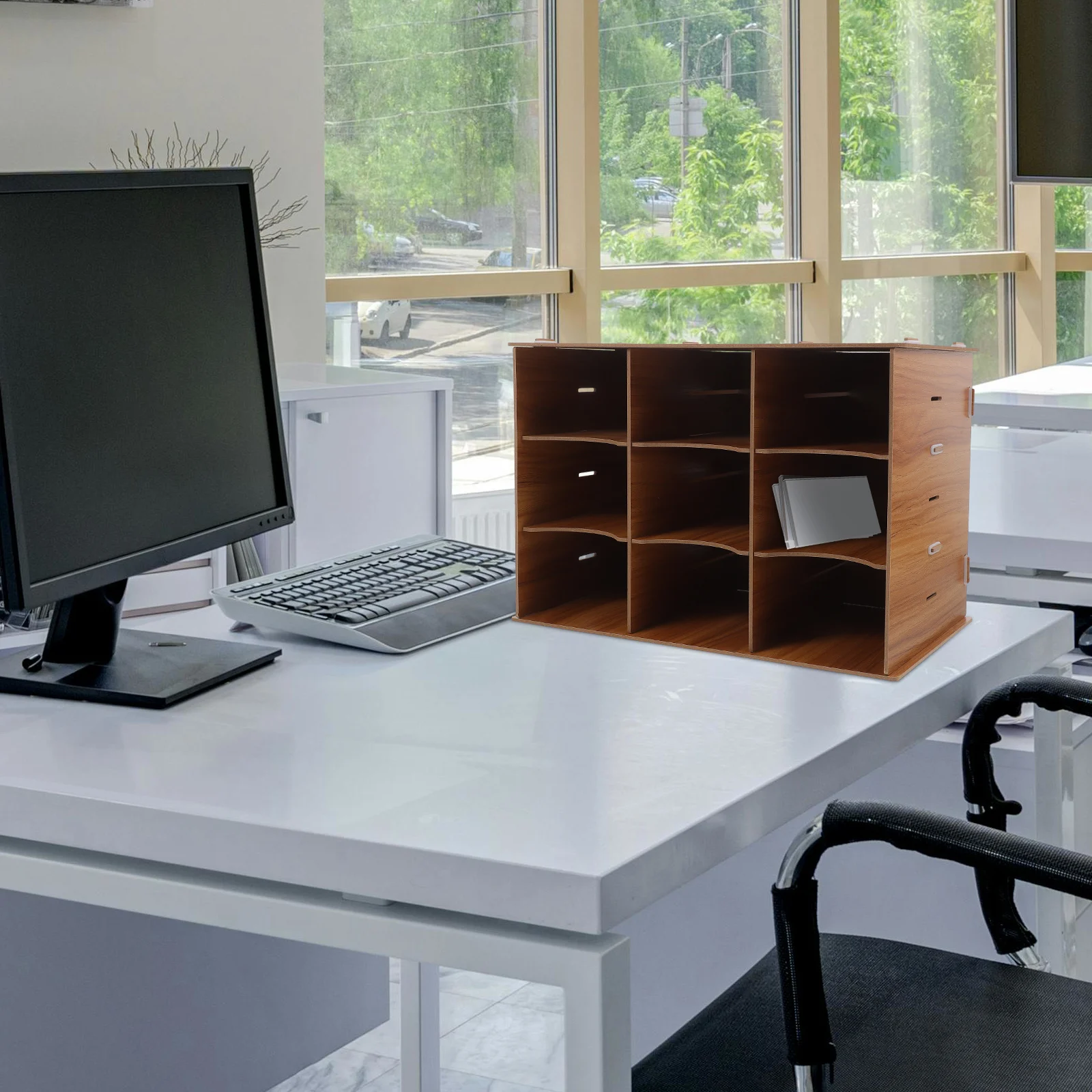 

Multifunctional Storage Box 3 Layers 9 Compartments Brown Desk Organizers Office File Box Document Holder Desktop Shelves