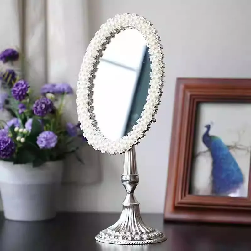 fashion-silver-plated-single-face-oval-desktop-metal-makeup-mirror-with-pearl-decor-frame-mirror-table-mirror-xy073