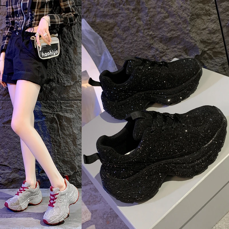 

Women's Fashion Luxury Rhinestone Running Shoes Designer Diamond Shining Casual Sports Shoes Women's Thick Soled Sports Shoes