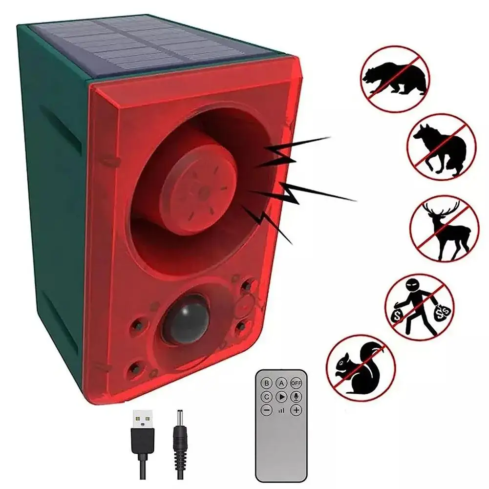 

Solar Motion Alarm Lamp 130dB Dog Bark Gunshot Waterproof LED Strobe Light Remote for Garden Farm Chicken Coop Support Recording