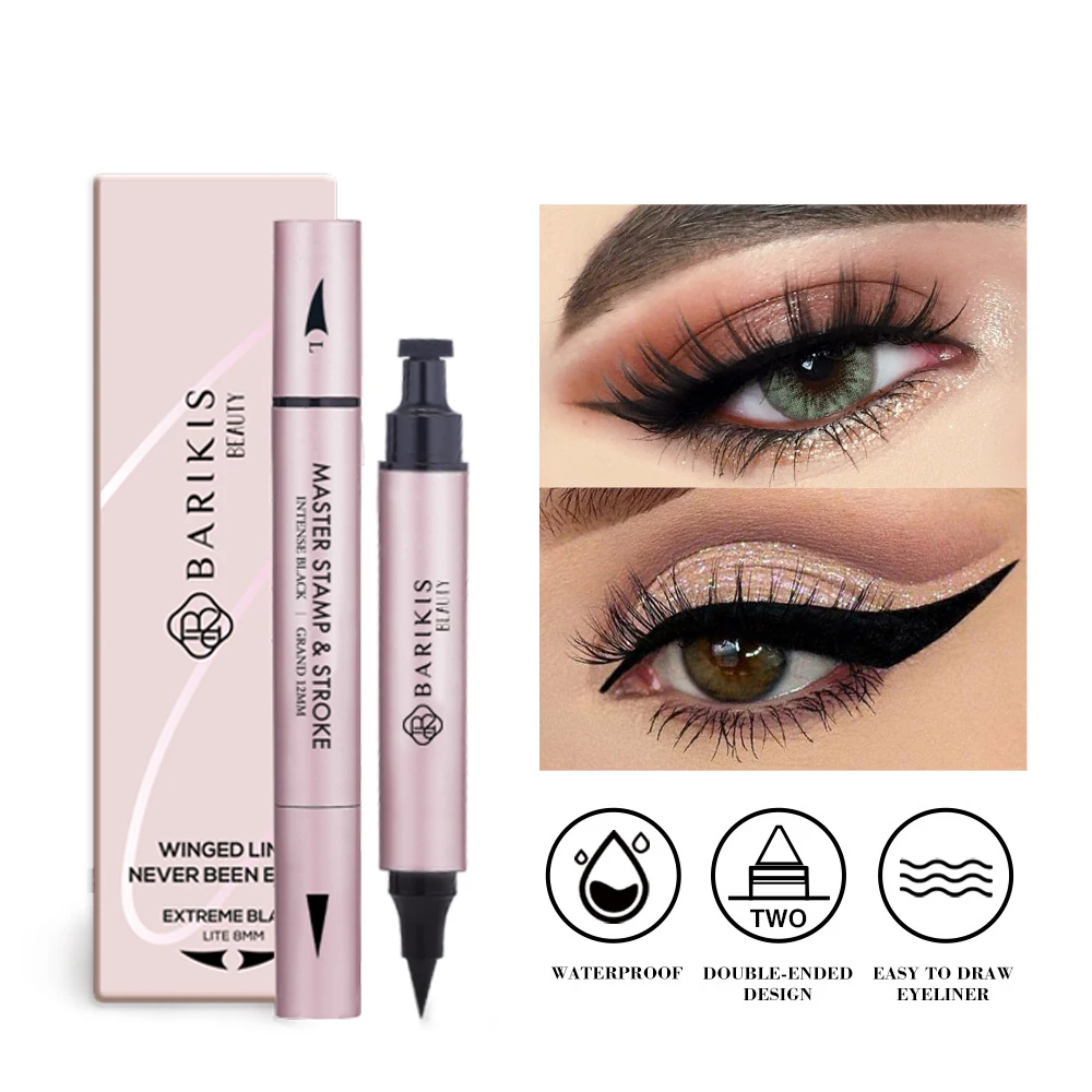 2 Pens Winged Eyeliner Stamp Black Brown Liquid Eyeliner Pen Triangle Seal 2-in-1 Waterproof Makeup Kit With Eye Liner Pencil