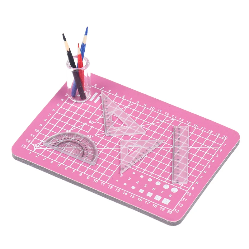 1 Set 1:12 Dollhouse Miniature Cutting Mat Ruler Pencil Pen Holder Set Doll Home Decor Pretend Play Dollhouse Toys
