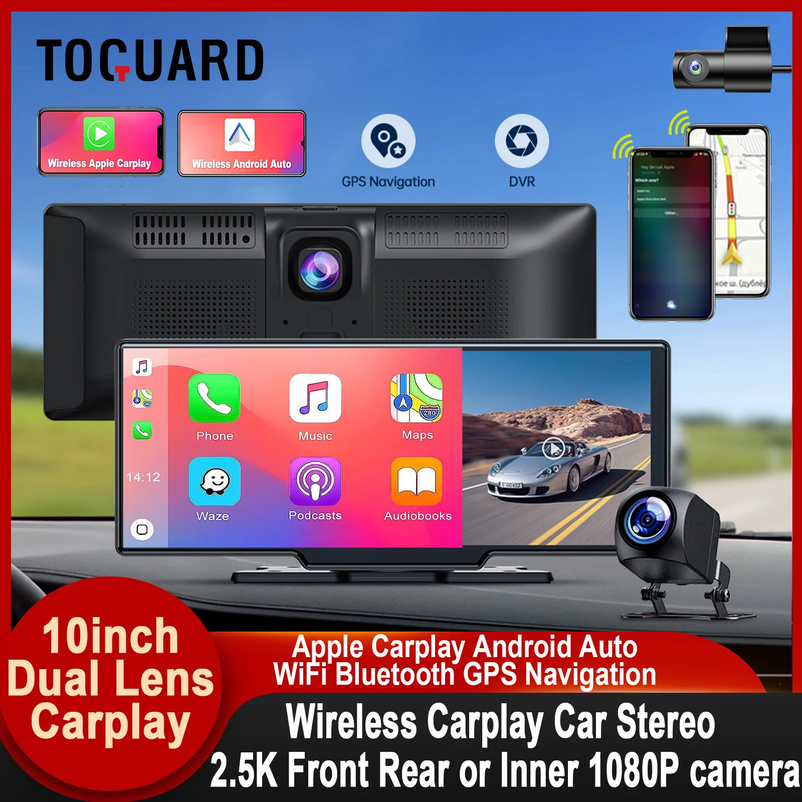 

TOGUARD 10-дюймовый двойной объектив беспроводной Apple Car play экран Android автомобильный дисплей стерео DVR приборная панель GPS навигация камера заднего вида