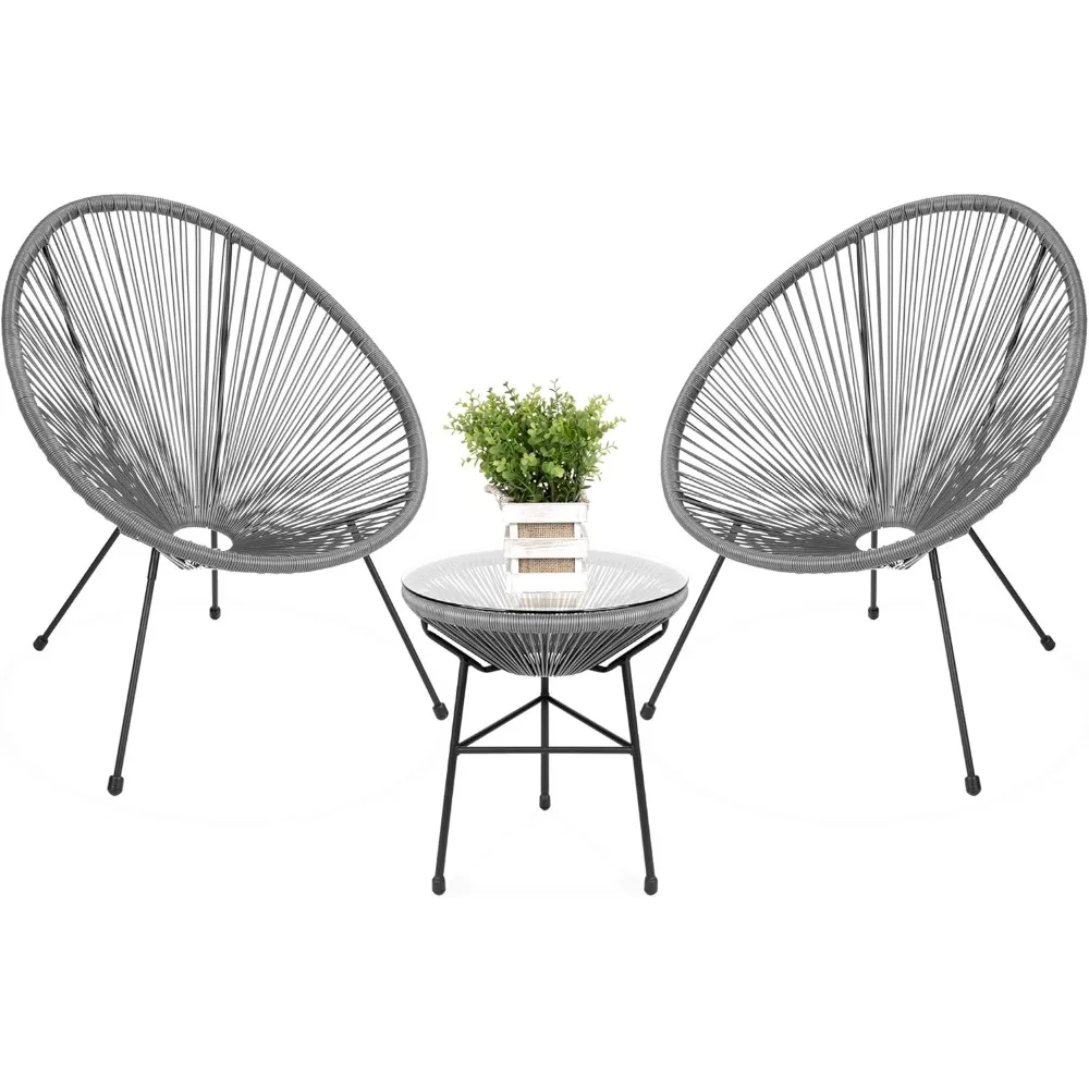 

3-Piece Outdoor Acapulco All-Weather Patio Conversation Bistro Set w/Plastic Rope, Glass Top Table and 2 Chairs - Gray