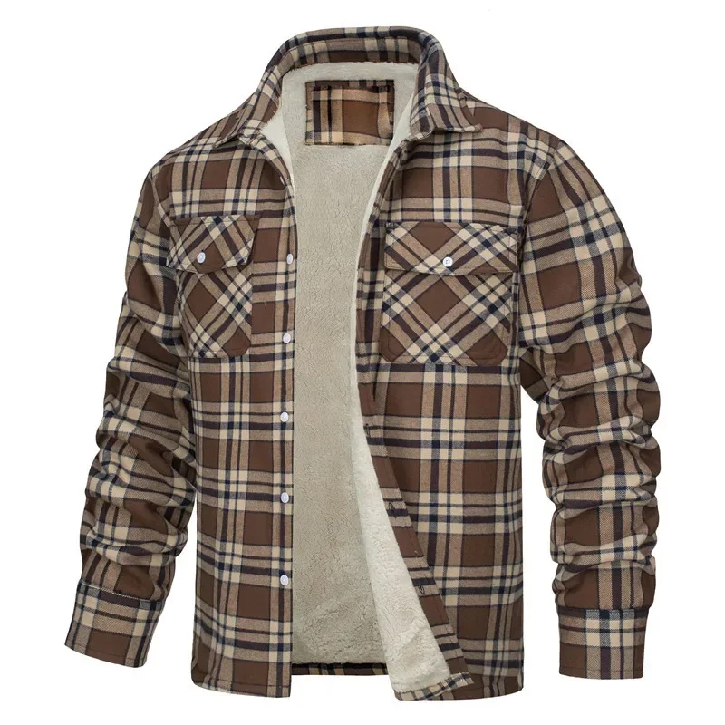 Fleece Lining Jackets Mens Flannel Cotton Jackets Plaid Casual Button Down Cargo Work Coats Thicken Outwear Man Tops