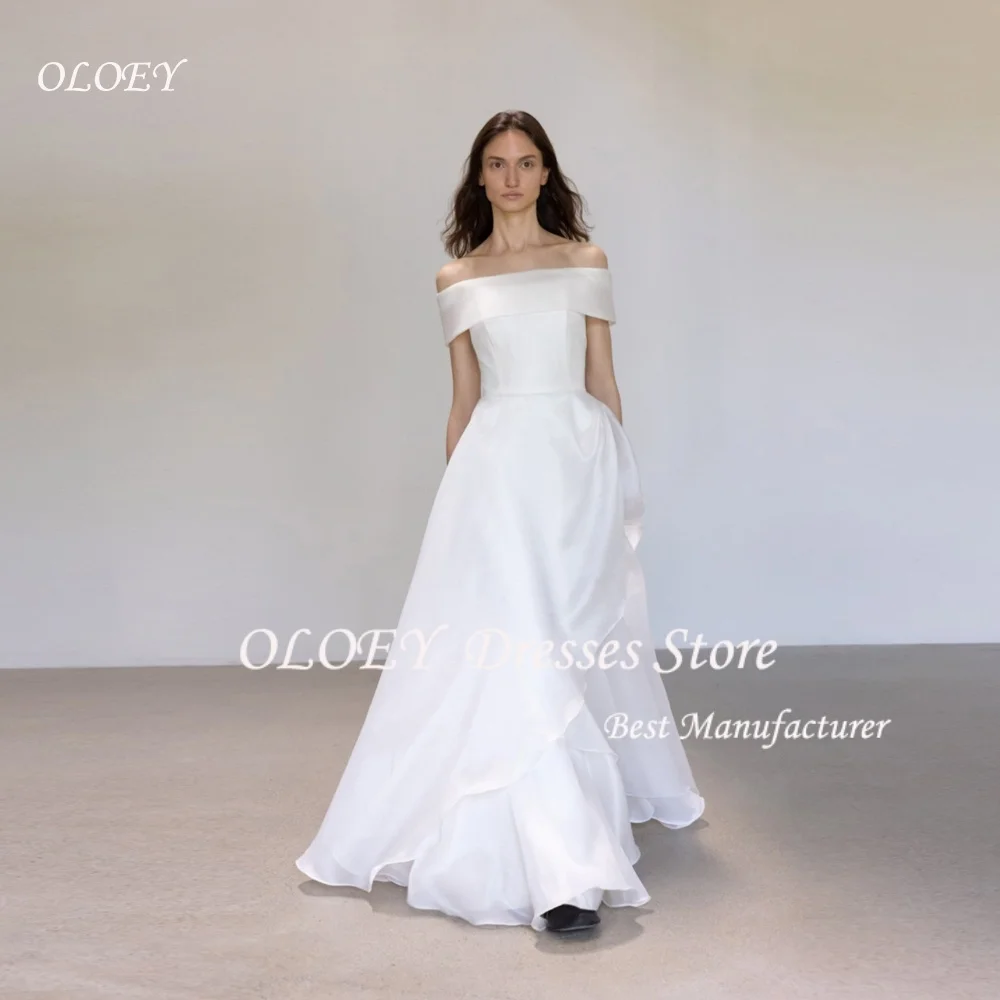 OLOEY Korea Schouderafhangend Elegant Organza A-lijn Eenvoudige korte mouwen Trouwjurken ojianke Tirvoor Op maat Mooi