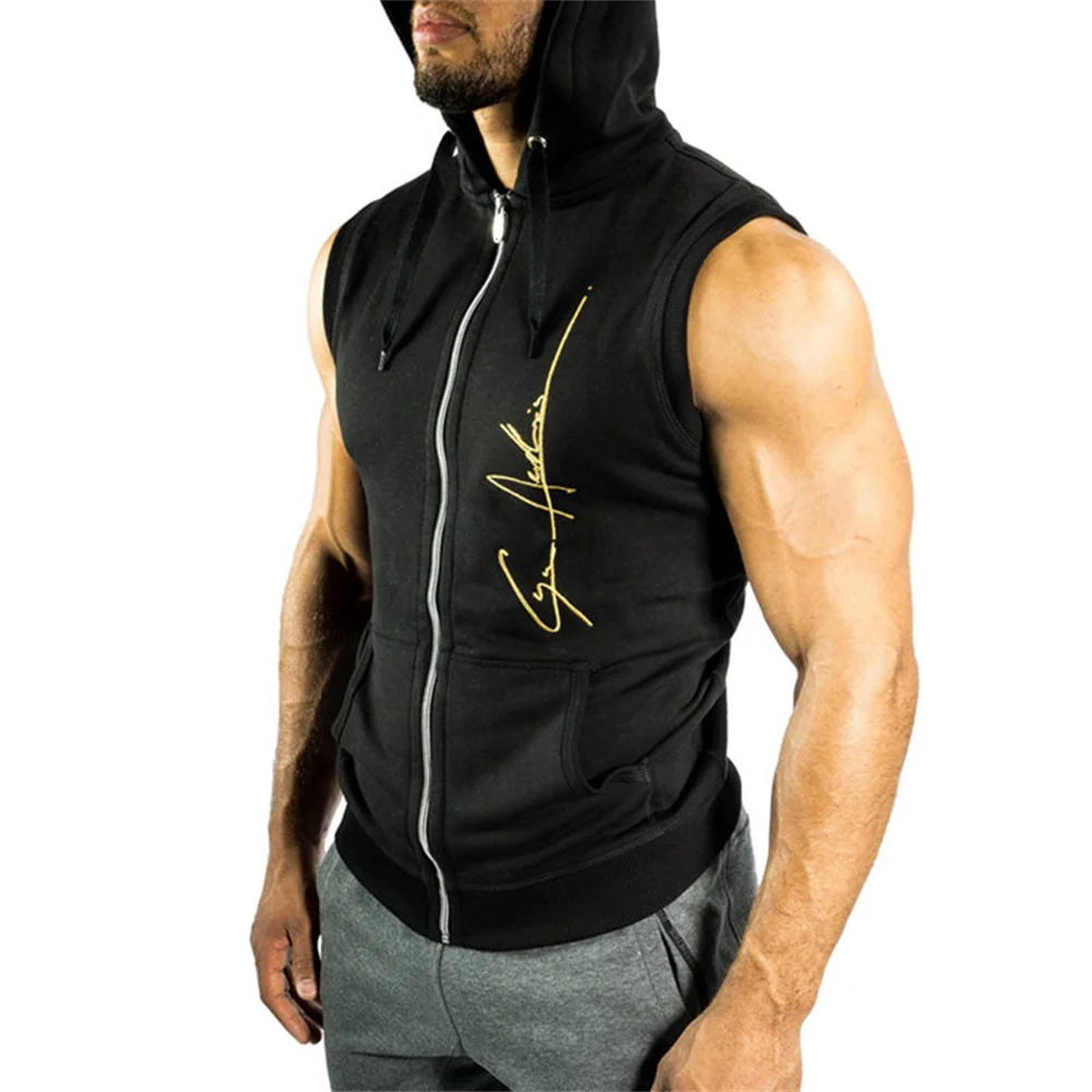 Black Bodybuilding Tank Tops Men Gym Fitness Hooded Vest Sleeveless Hoodies Sweatshirts Summer Casual Fashion Training Clothing