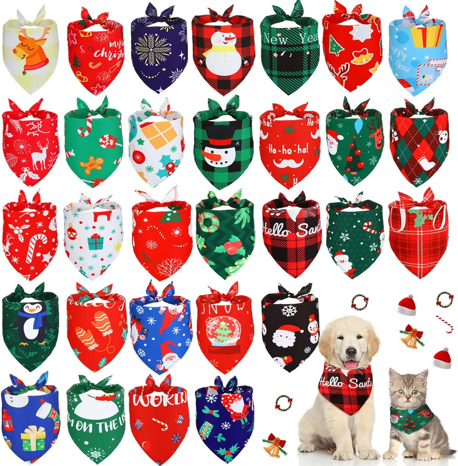 30 Pieces Christmas Dog Bandanas Bulk Xmas Dog Cat Bibs Holiday Pet Costume Dog Christmas Outfit Triangle Scarf Kerchief for Pet