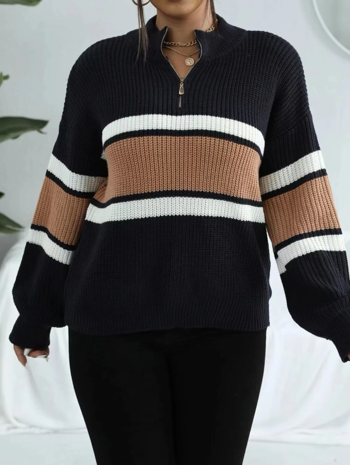 Stylish Striped Zip Up Sweater  Casual Loose Long Sleeve Sweater Casual Tops For Fall & Winter Women\'s Clothing