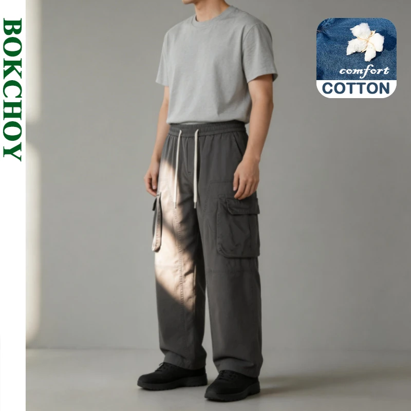 

Новые мужские повседневные прямые брюки карго из хлопка на весну-лето 2026 с завязками и множеством карманов, модель LX6052