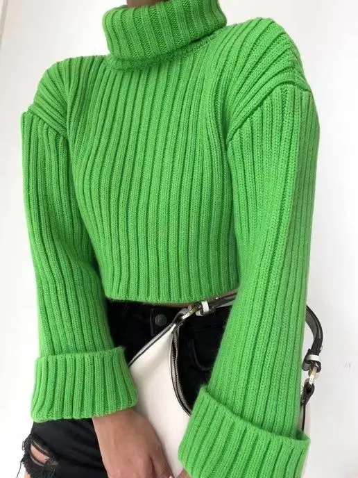 High Neck Sweater Autumn Wear New Women's Solid Stripe Short Flare Sleeve Knitted Coat
