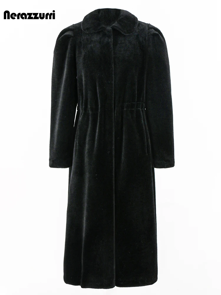 Nerazzurri Autumn Winter Long Black Thick Warm Skirted Real 100% Wool Coat Women Drawstring Waist Puff Sleeve Peter Pan collar