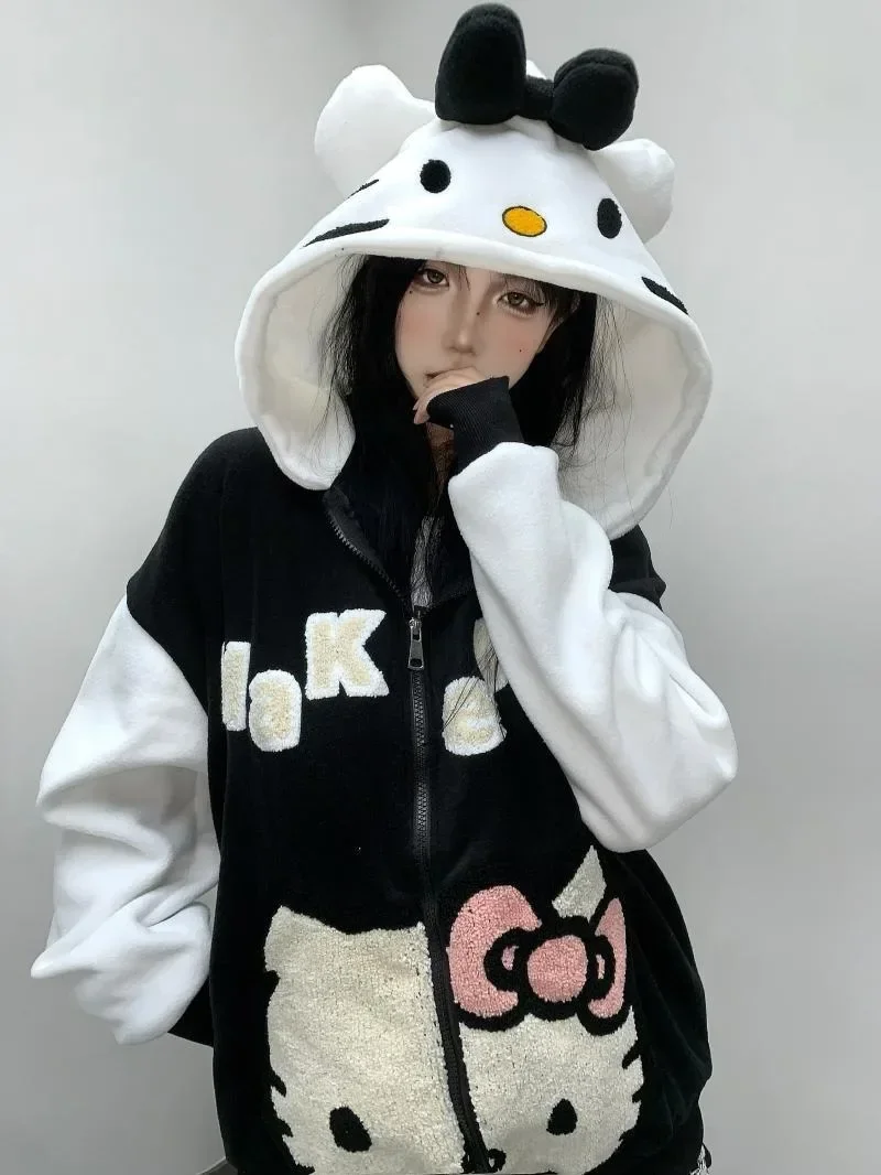 Sanrio kawaii cartoon hello kitty sherpa hooded sweatshirt zipper jacket for women loose autumn and winter couple fleece sweater