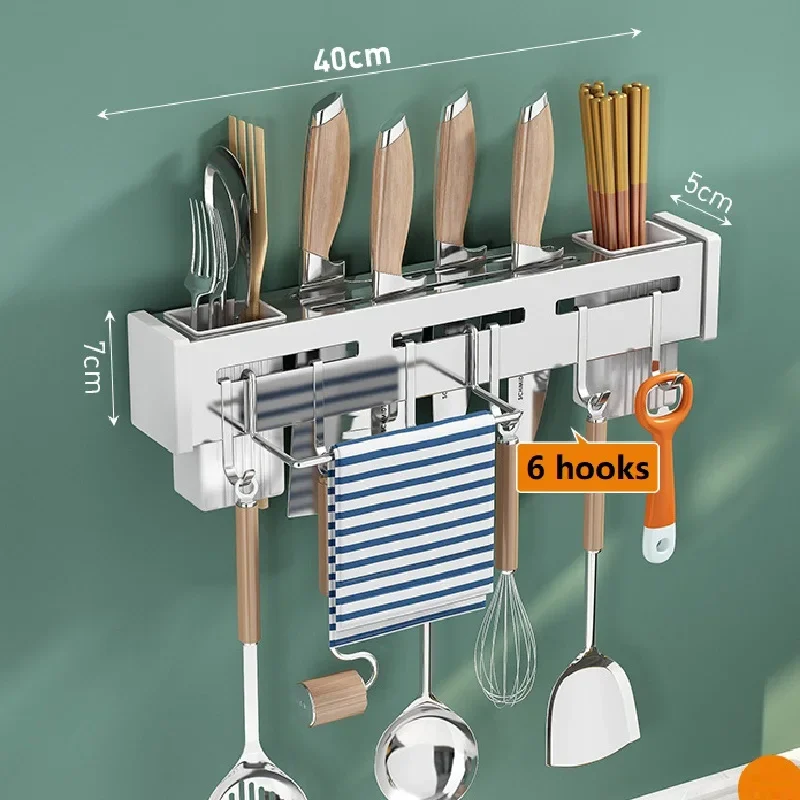 Wall Mount Utensil Holder 15.7'' Stainless Steel Kitchen Utensil Rack Multi-use Hanging Storage Organizer Rack with Knife Holder