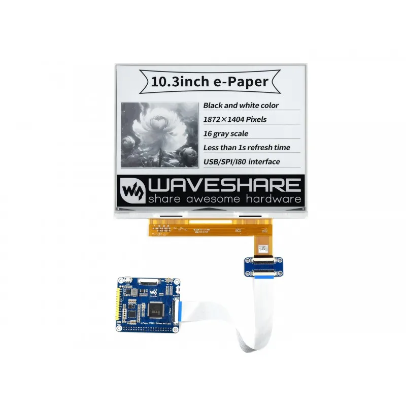 

Waveshare 10.3inch e-Paper e-Ink Display HAT For Raspberry Pi, 1872×1404, Black / White, 16 Grey Scales, USB / SPI / I80