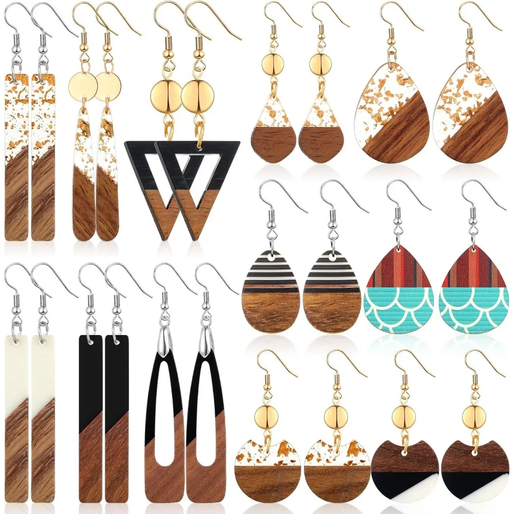 

12 Pairs Lightweight Wooden Dangle Earrings Boho Geometric Studs Resin Statement Jewelry for Women