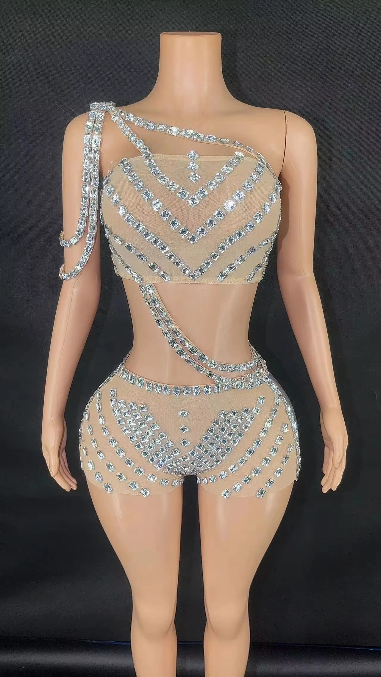 ZD Costume da donna sexy di lusso con strass scintillanti senza maniche, trasparente, aderente, sexy, ballo di fine anno, discoteca, festa, spettacolo