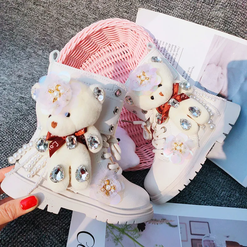 Cute Bear Kids Bling Fashion Princess Chelsea Ankle Boots Children Rhinestones High Tops Autumn Winter Baby Girls\' Shoes 27-37