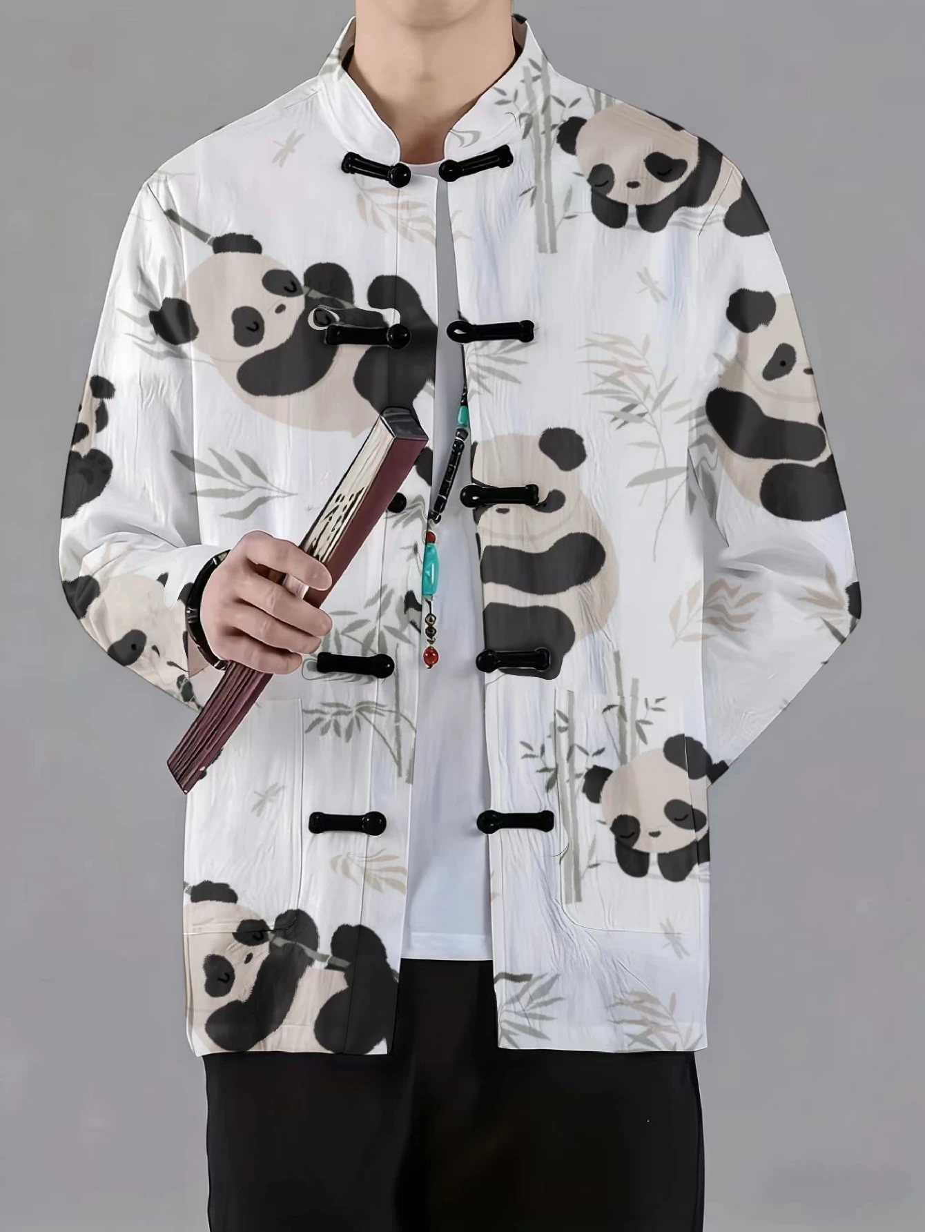 Men Mandarin Collar Frog Button Jacket Crane Panda Butterfly Ink Art Print Traditional Outerwear