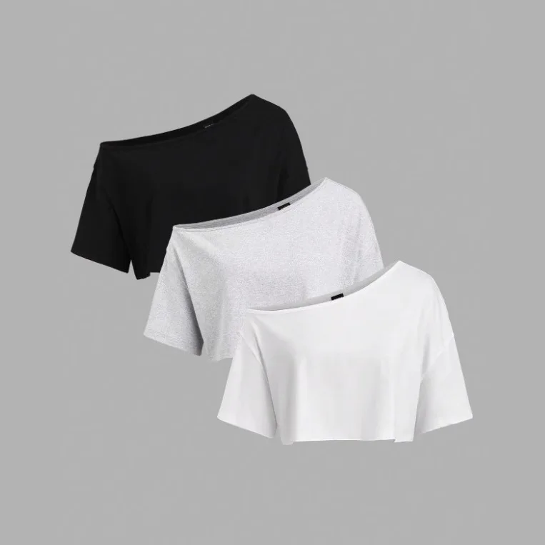 Fashionable Basic Women's Asymmetrical Sloping Shoulder T-shirt Elegant Off-center Design Regular Sleeve Other Material 100
