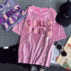 Summer T Shirt Women 2022 New Korea Fashion Letter Print Sequin Short Sleeve Luxury Oversized Tops Plus Size Women Clothing