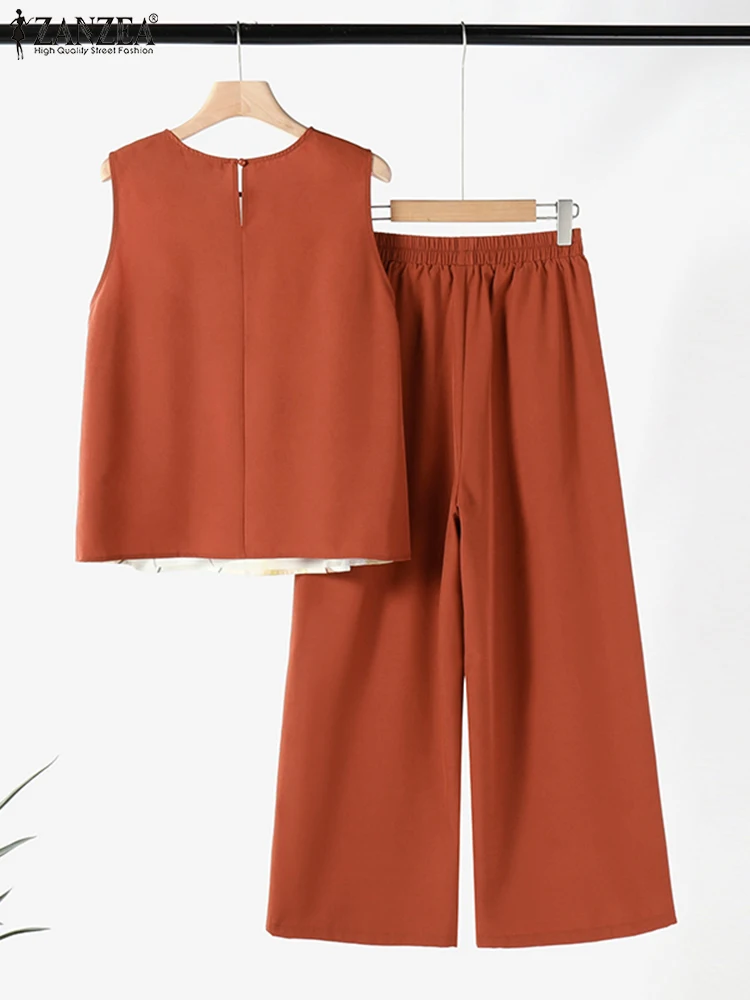 ZANZEA Summer Bohemian Women Matching Sets Elegant 2pcs Suits 2025 Elastic Waist Pant Sets Casual Loose Printing Tanks Outfits
