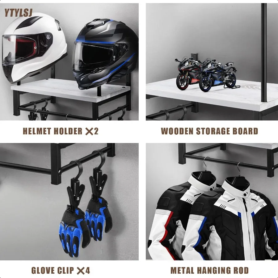 Motorcycle Helmet Holder Wall Mount Motorcycle Helmet Rack with 4 Glove Clips Rustic Helmet Stand Helmet Hanger for Storing Mot
