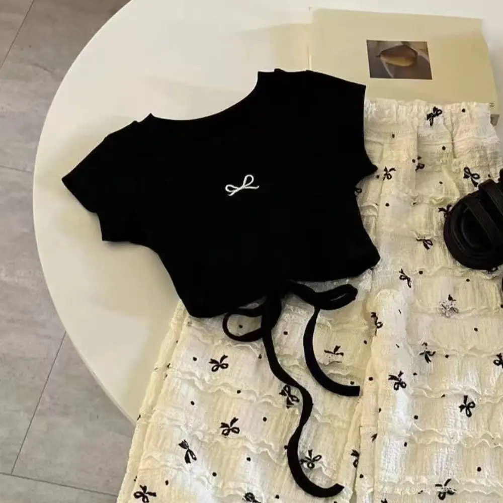 แฟชั่น Lace Up วัยรุ่น Bow เสื้อยืดแขนสั้นสไตล์เกาหลี Slim Crop Top ฤดูร้อนสาวหวานนักเรียน